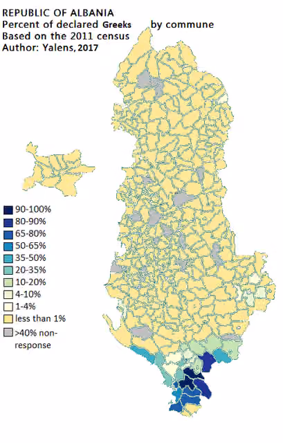 Greeks in Albania — Distribution of ethnic Greeks in the 2011 Albanian Census, with categories 90-100%, 80-90%, 65-80%, 50-65%, 35-50%, 20-35%, 10-20%, 4-10%, and 0-4%.