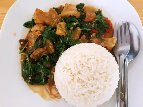 Phat kaphrao — Basil fried crispy pork with rice (ข้าวกะเพราหมูกรอบ) as sold in Chiang Mai, Thailand.