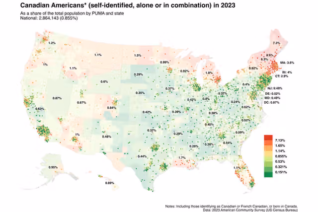 Canadian Americans — Map of Canadian Americans in 2023.