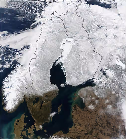 Hilleviones — Scandinavia on March 15, 2002, by the Moderate-resolution Imaging Spectroradiometer (MODIS), flying aboard NASA's Terra satellite.