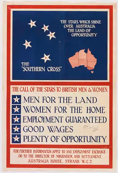 Anglo-Celtic Australians — Australian Government poster — "The Southern Cross, the call of the stars to British Men & Women" issued by the Overseas Settlement Office ot attract immigrants.