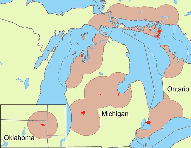Suku Odawa — Map showing Odaawaa (Odawa/Ottawa) areas in Ontario , Michigan and Oklahoma .
