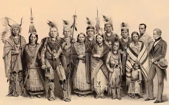 Iowa people — Group portrait of Iowa people: fourteen figures in total, all in whole-length: ten Iowa adults, two children, translator Jeffrey Doraway, and G.