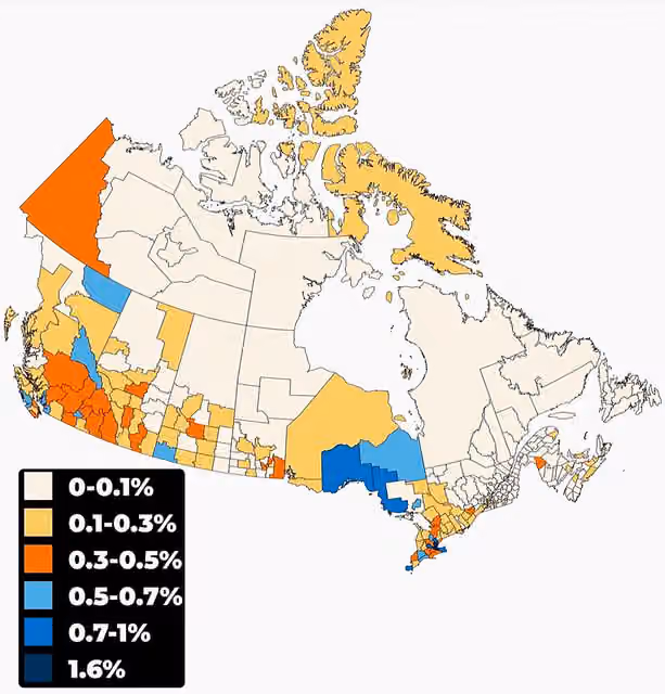 Croatian Canadians — Population distribution of Croatian Canadians in Canada by percentage of total population by census division, 2021 census