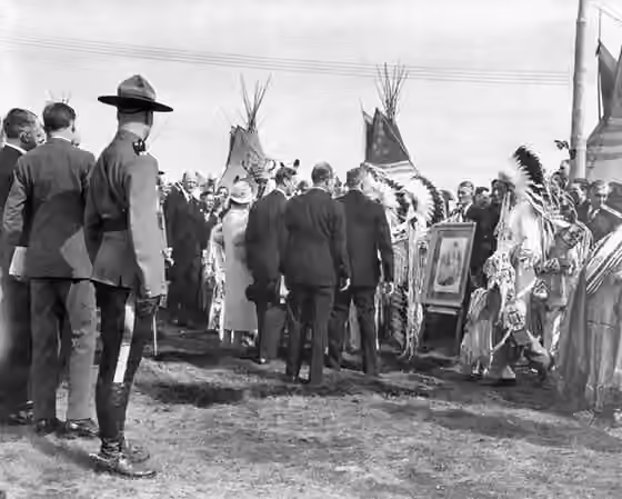 Nakoda people — "Their Majesties greet chieftains of the Stoney Indian Tribe, who have brought a photo of Queen Victoria." Calgary, Canada