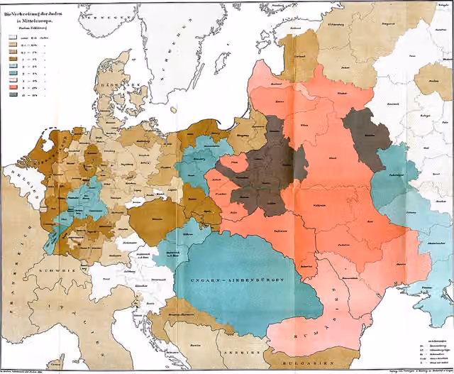 Yahudi Ashkenazi — The distribution of the Jews in Central Europe (from Richard Andree, Ethnography of the Jews, 1881).