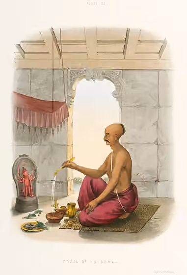 Assamese Brahmin — Pooja to Hunooman from The Sundhya or the Daily Prayers of the Brahmins (1851) by Sophie Charlotte Belnos (1795–1865).