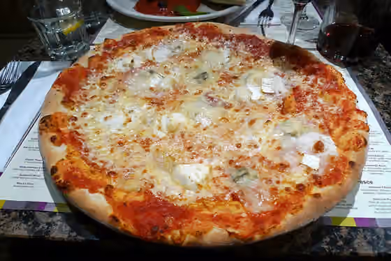 Pizza quattro formaggi — The "pizza ai quattro formaggi" at La Porchetta, Chalk Farm Road.