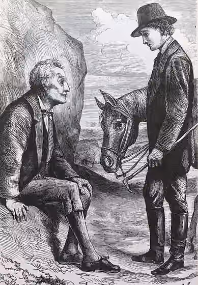Cuisine of Monmouthshire — “The First Meeting of the Hermit and the Traveller”, from the book “The First Principles of Good Cookery “by Lady Llanover, first published in 1867, engraving