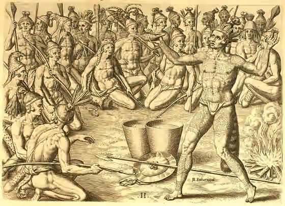 Saturiwa — Chief Satouriona prepares his men from battle, from Plate XI of Jacques Le Moyne des Morgues' engraving of Fort Caroline