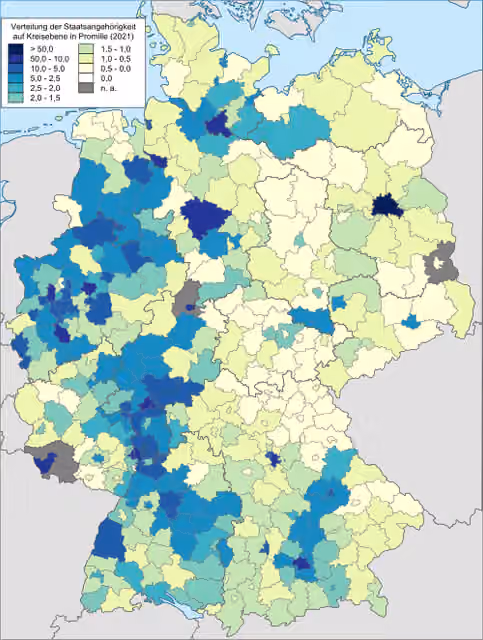 Bulgarians in Germany — Number of foreign citizens from the country described in the title that are registered at the German Central Register of Foreigners relative to the total population of the mentioned foreign nationals in Germany at the district level.