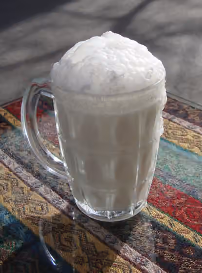 ayran — Glass mug of fresh ayran as found in Maltepe, Istanbul, Turkey.