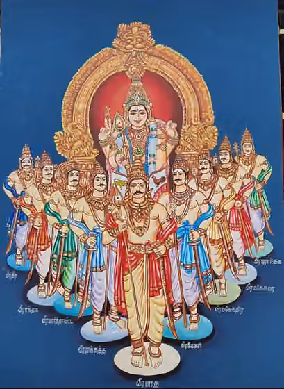 Sengunthar — Veerabahu and 8 other Navaveerargal painting on the wall of Chidambaram Temple