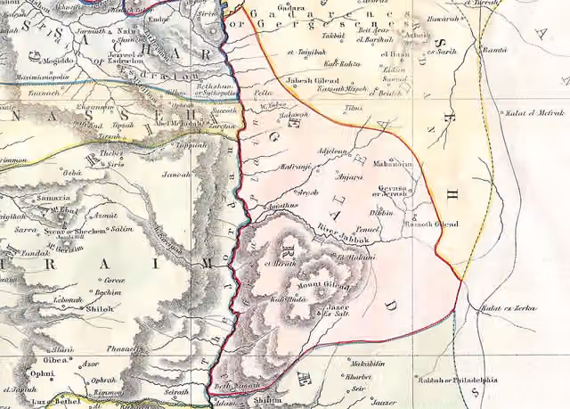 Suku Gad — This beautiful hand colored map is a steel plate engraving of Israel / Palestine or the Holy Land.
