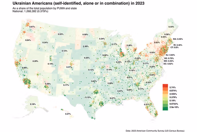 Ukraina Amerika — Map of Ukrainian Americans in 2023.
