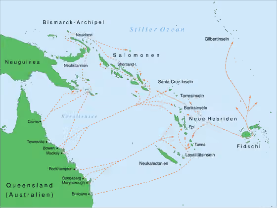 South Sea Islanders — Karte zur von Queensland (Australien) und Fidschi aus betriebenen Arbeiterrekrutierung im Südpazifik, ca.