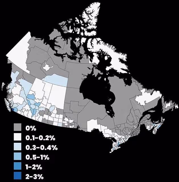orang Korea Kanada — Population distribution of Korean Canadians in Canada by percentage of total population by census division, 2021 census