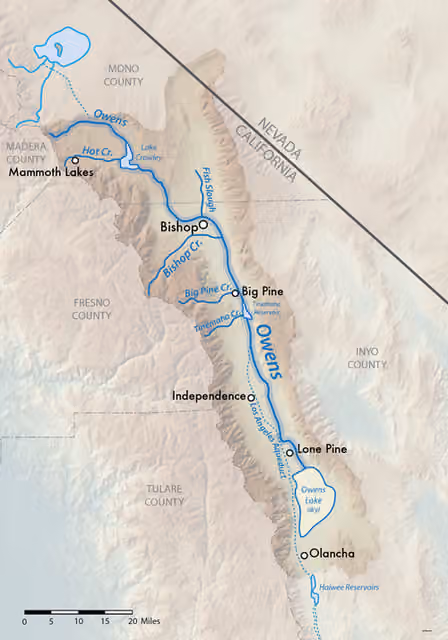 Big Pine Paiute Tribe of the Owens Valley — Map of the Owens Lake/River watershed in eastern California, USA.