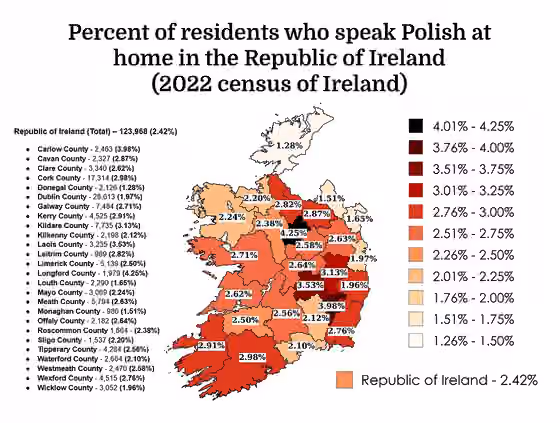 Polish minority in Ireland — Percent of residents who speak Polish at home in the Republic of Ireland (2022 census of Ireland)