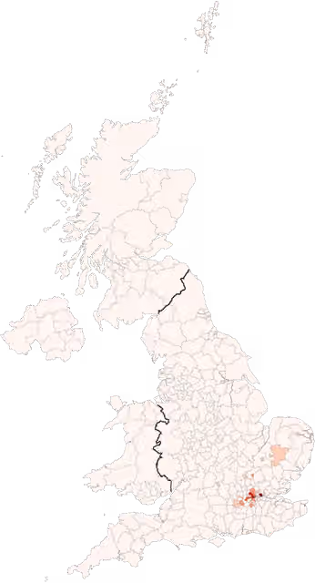 Filipinos in the United Kingdom — Regional authorities shaded by the percent that wrote in "Filipino" as their ethnicity.
