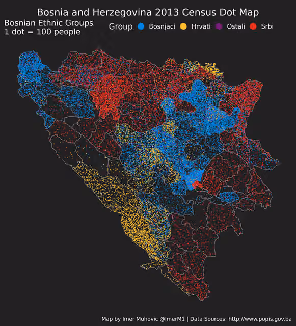 suku bangsa di Bosnia dan Herzegovina — Map visualizing the demographics of Bosnia and Herzegovina with a dot representing 100 people.