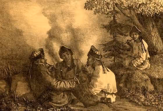 Telengit — "The drawing represents a group of Altaians of the Teleuts (Telengites) tribe, roaming mostly in the valley of Chuya, Chulyshman and sometimes on Lake Teletskoye.
