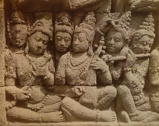 Pop Indonesia — Lute, flute and stick zither in Borobudur relief, 1880 photo.