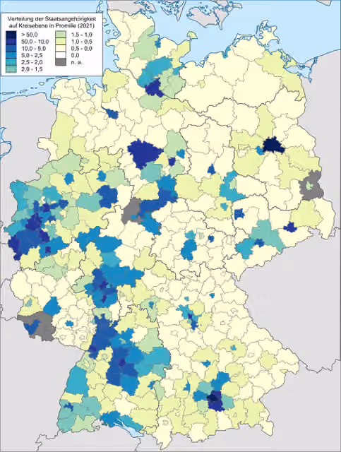 Orang Tionghoa di Jerman — Number of foreign citizens from the country described in the title that are registered at the German Central Register of Foreigners relative to the total population of the mentioned foreign nationals in Germany at the district level.