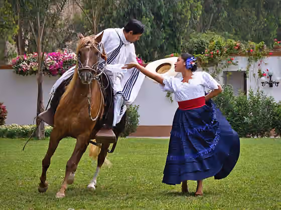 Marinera — Marinera dance with Peruvian Paso horse, Casa Hacienda Los Ficus, Valle de Lurín (Lurín Valley), Lima, Peru