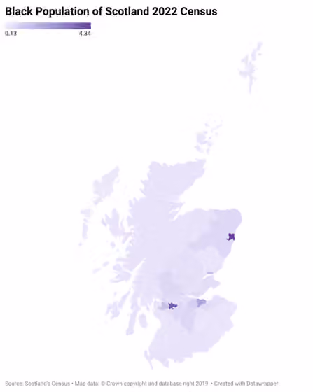 Black Scottish people — Proportion of Black, African, and Caribbean population by Council Area in Scotland, 2022 Census.