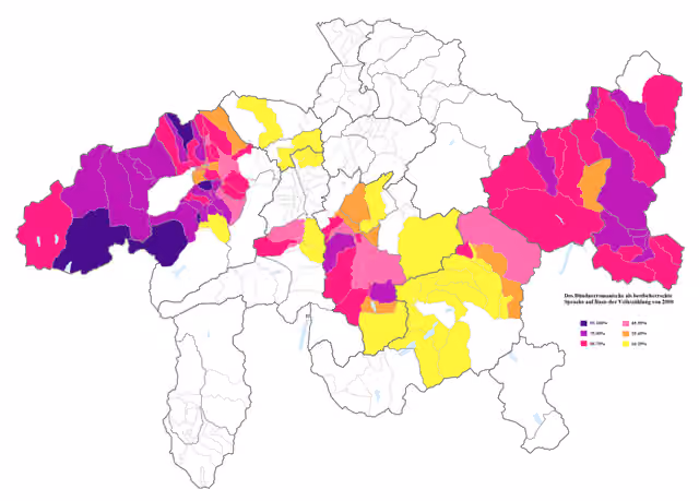 orang Romansh — Das Romanische als bestbeherrschte Sprache auf Basis der Volkszählung von 2000.