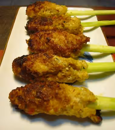 sate lilit — Satay Lilit, Satay Lilit - minced seafood on a lemon grass stick, grilled over charcoal Location: Bali.
