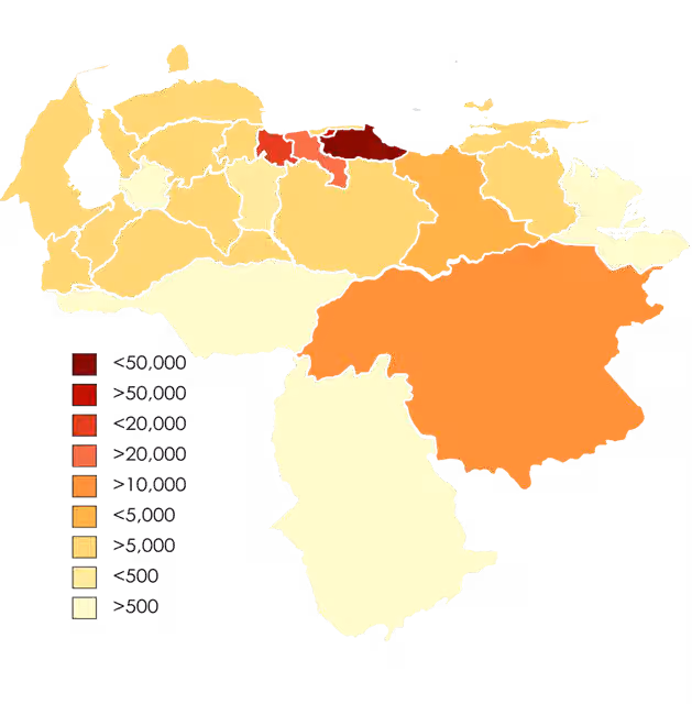 Spanish immigration to Venezuela — Map showing the proportion of the Venezuelan Population which has the Spanish Nationality, people who residing in Venezuela declared as Spanish or people with declared Iberian Spanish ancestry.