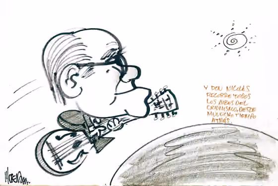 Música criolla — Esta caricatura fue regalada a Nicolás Wetzell Romero durante su participación en el programa 24 Horas de Panamericana Televisión, Lima, Perú 1979.