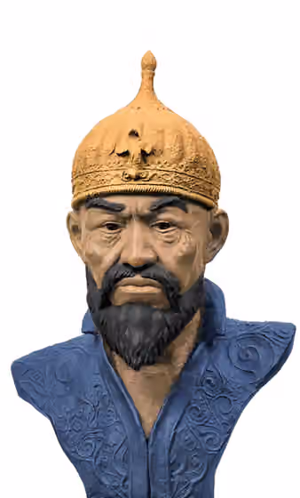 Barlas — Timur forensic reconstruction (Gerasimov, 1941), with natural colorization "During the making of the Timurids' portraits a discussion arose as to whether Shah-Rukh was a real son of Timur.