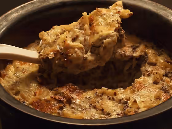 Makaroni Kaserol — Quite typical pot of Finnish macaroni casserole made with textured soy and topped with cheese.