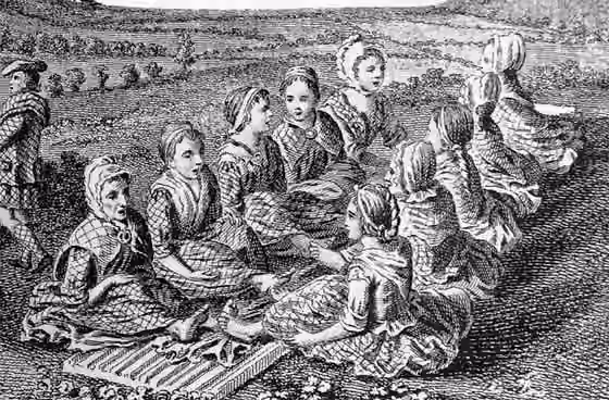 Waulking song — Detail of an 18th century engraving of Scotswomen waulking (fulling) cloth, and singing.