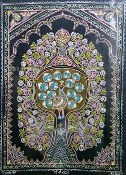 Rogan painting — Rogan art with Tree of Life motif, by Abdul Gafur Khatri from Kutch, Gujrat, India