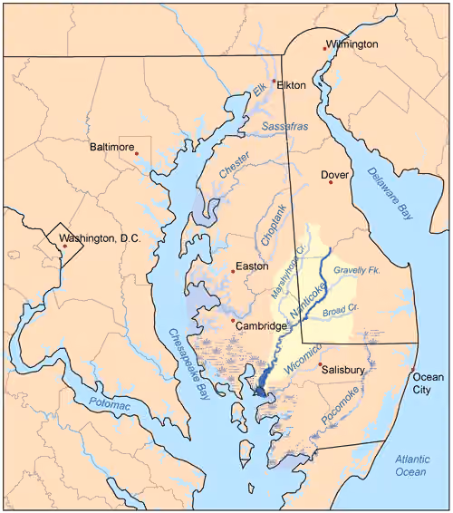 Nanticoke people — This is a map of the rivers of the Eastern Shore of Maryland with the Nanticoke River and its watershed highlighted.