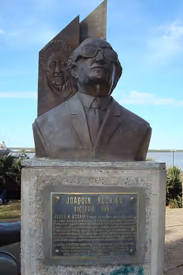 Turks in Spain — Bust of the Spanish composer Joaquín Rodrigo , with an image of his wife, the pianist Victoria Kamhi , in the background.
