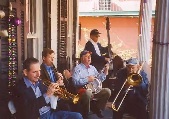 Dixieland — Jazz band, New Orleans , playing for a Carnival party at a home in the French Quarter.