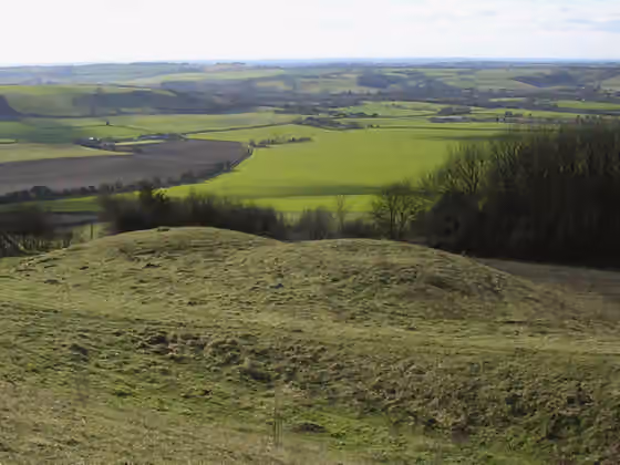 Meonwara — Double round barrow on Old Winchester Hill, looking down into the Meon Valley.