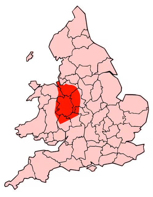 Cornovii (Midlands) — A map showing the territory of the Cornovii tribe overlayed in red in the context of the modern county boundaries of England and Wales
