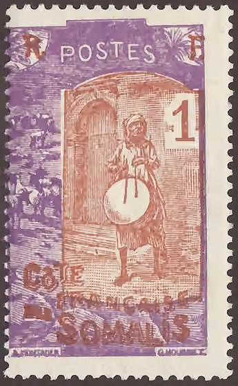 Music of Djibouti — Stamp of the French Somali Coast (contemporary Dschibuti); 1915; definitive stamp of the issue "Drummer & Women"; framed drawing with a drummer in historical scenery; mint stamp with smooth gum Stamp : Michel: No.