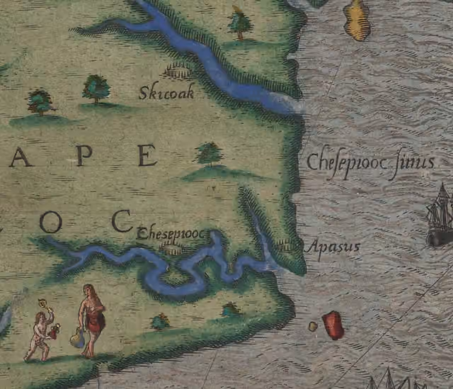 Chesapeake people — map of Virginia, depicted 1585, published 1590.