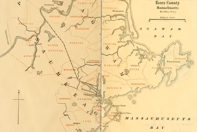 Naumkeag people — Detail from Sidney Perley's 1912 collection of original Essex County, Massachusetts Indian deeds showing his estimate of pre-contact Naumkeag territory based on the towns receiving their deeds from Naumkeag descendants.