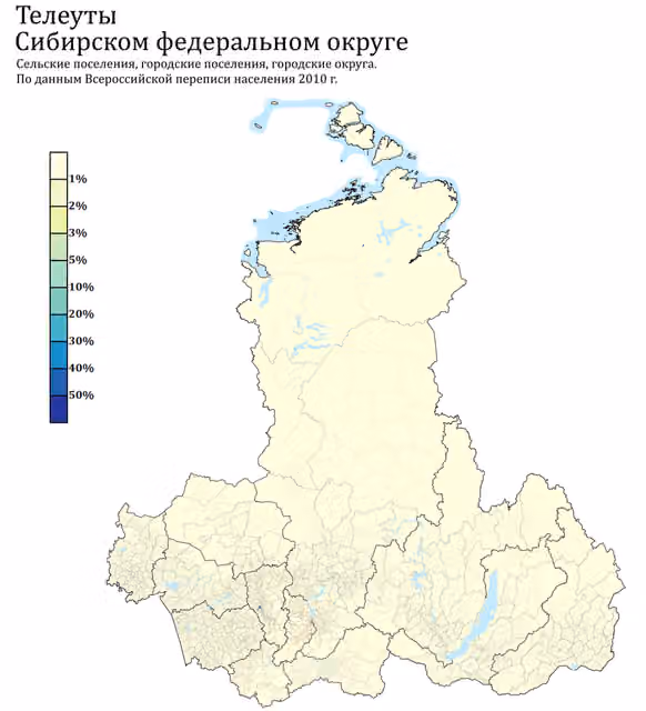 Teleuts — Расселение телеутов в СФО по городским и сельским поселениям, в %