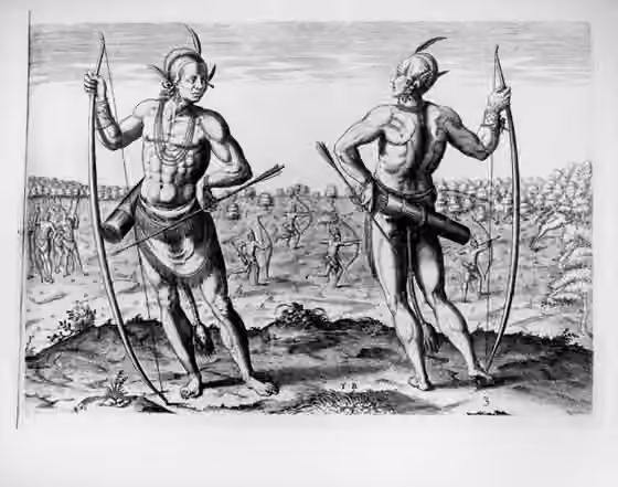 Powhatan — Engraving by Theodor de Bry, 1590 after a John White watercolor, 1585.