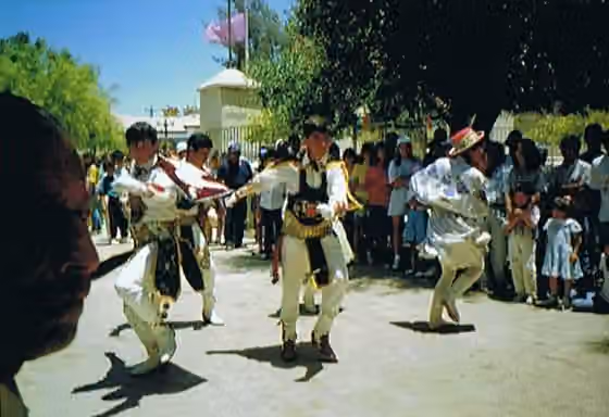 Baile chino — Indigenous dancers at the "fiesta grande" (Christmas), in honor of the miraculous image of the "Virgen del Rosario" (virgin of the rosary) at Andacollo, Provice of Coquimbo, Chile