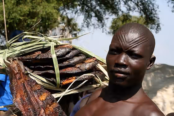 Mundari people — A Mundari fisherman carrying smoked fish in Terekeka, Central Equatoria State.